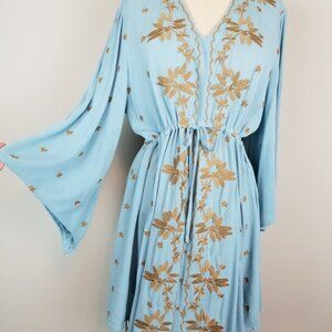 Paparazzi Blue Green Gauzy Dress with Gold Floral Embroidery Women's Size Medium